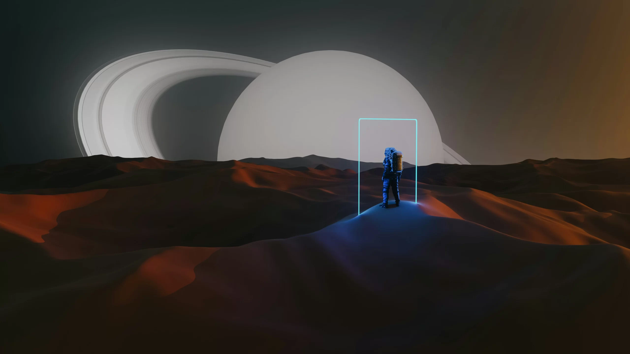 Cover image to aagaami showing an alien landscape with an astronaut standing before a glowing doorframe and a grey ringed planet looming large over the horizon.